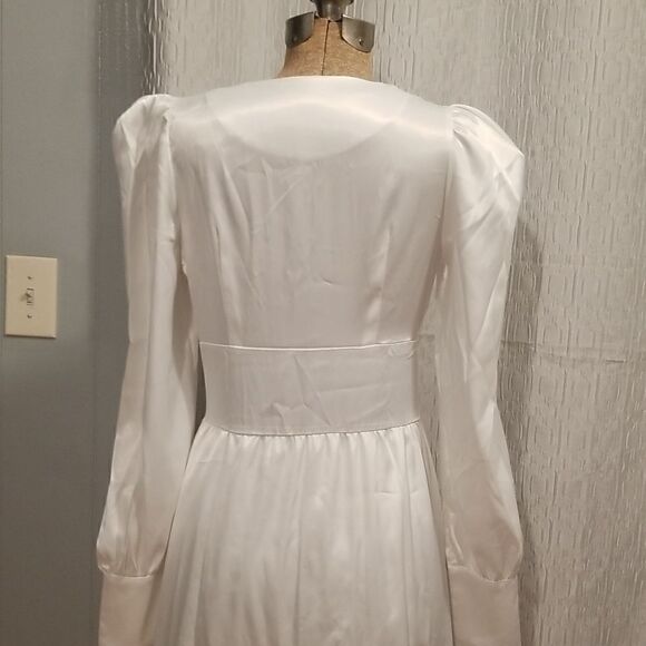 Spring Women White Dress V-neck Lantern Sleeve Dress Slim Solid Dress Mid-nwot - Picture 11 of 15